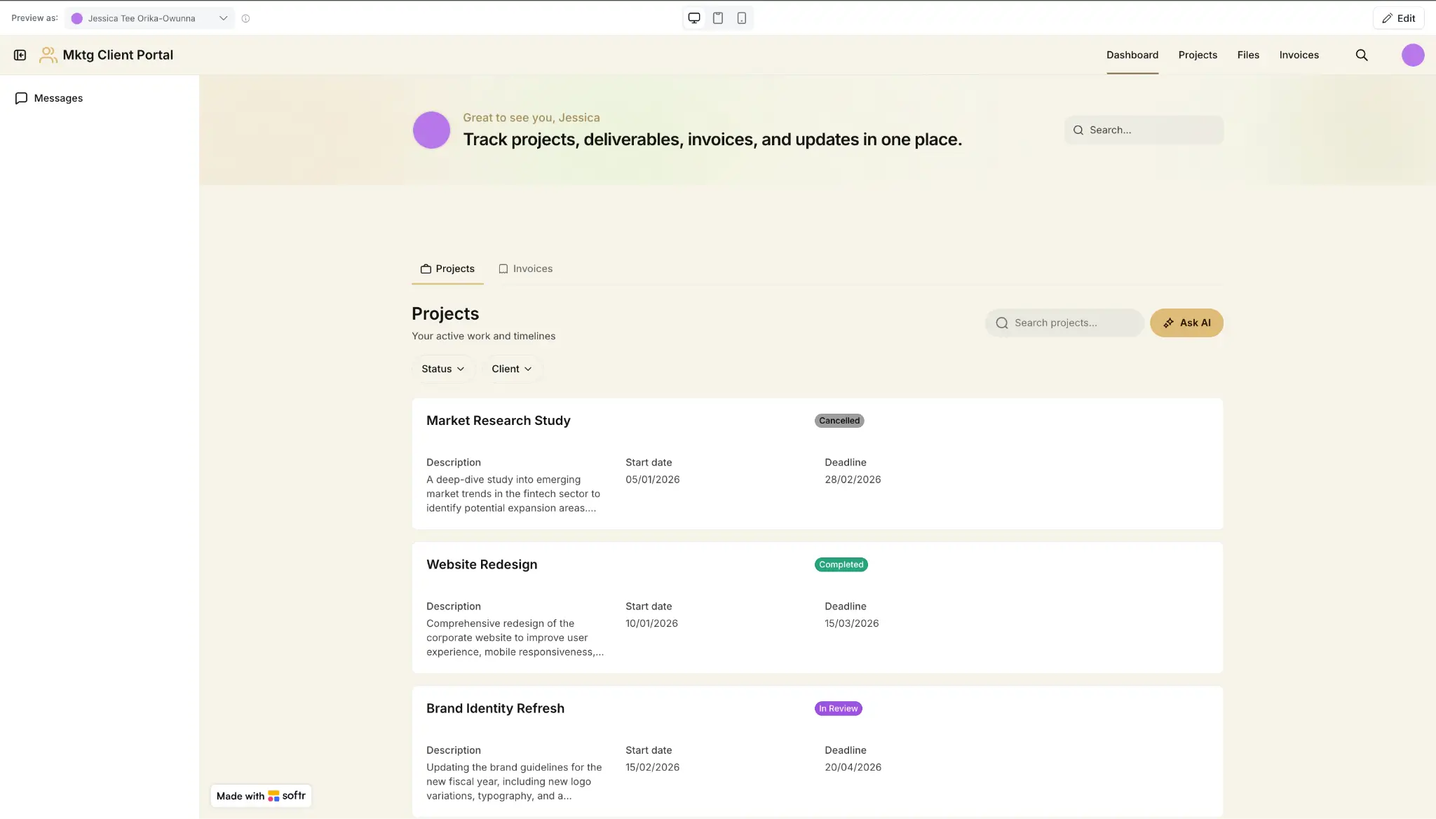 Softr's example of a client portal with project breakdowns