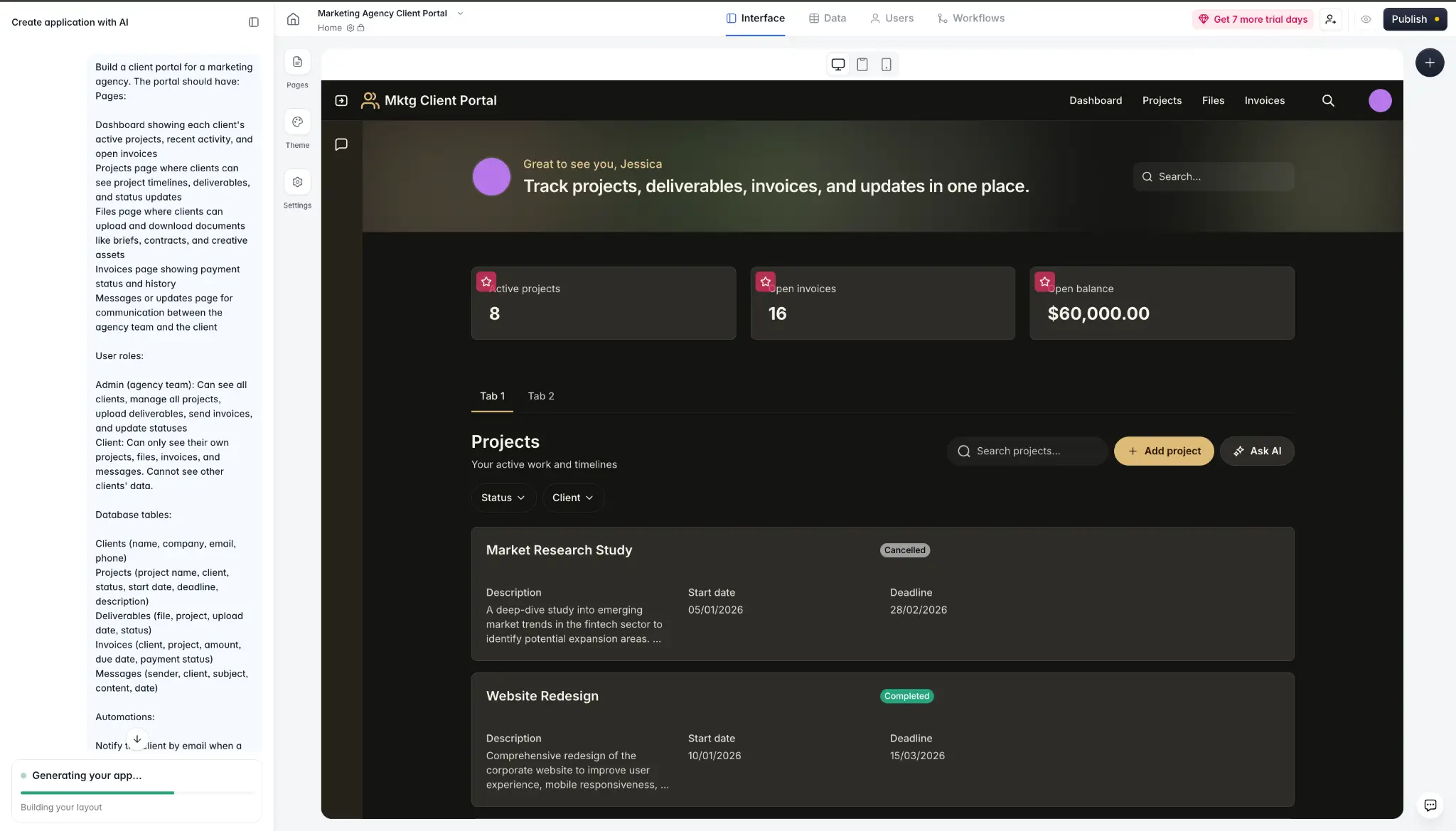 Example of Softr's AI Co-Builder building a client portal from a prompt