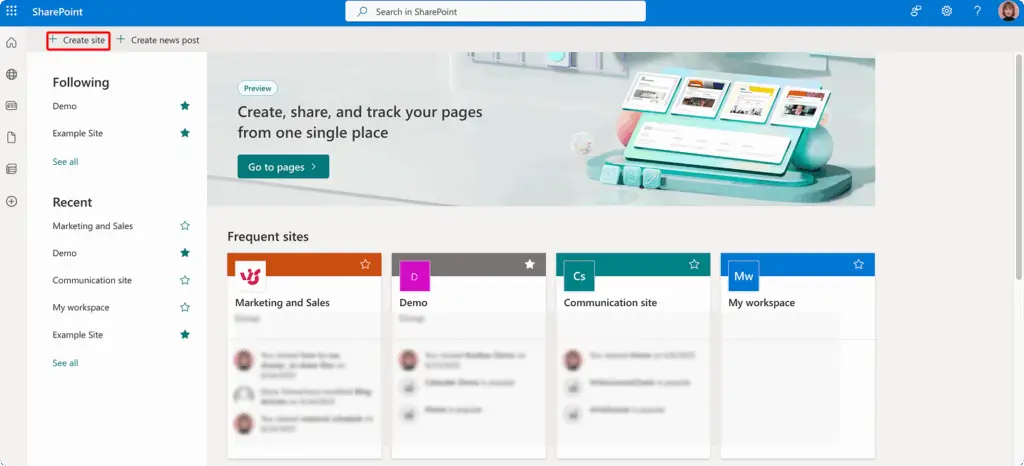 Showcasing how to create a site with Microsoft SharePoint