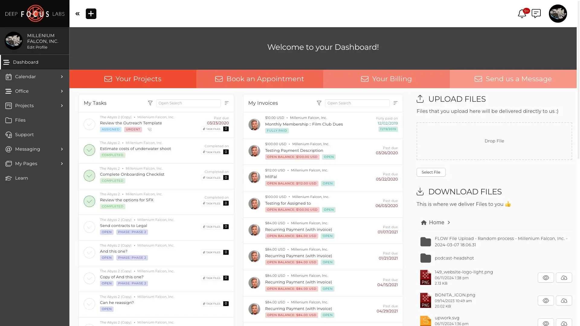 Example of an extranet dashboard by SuiteDash