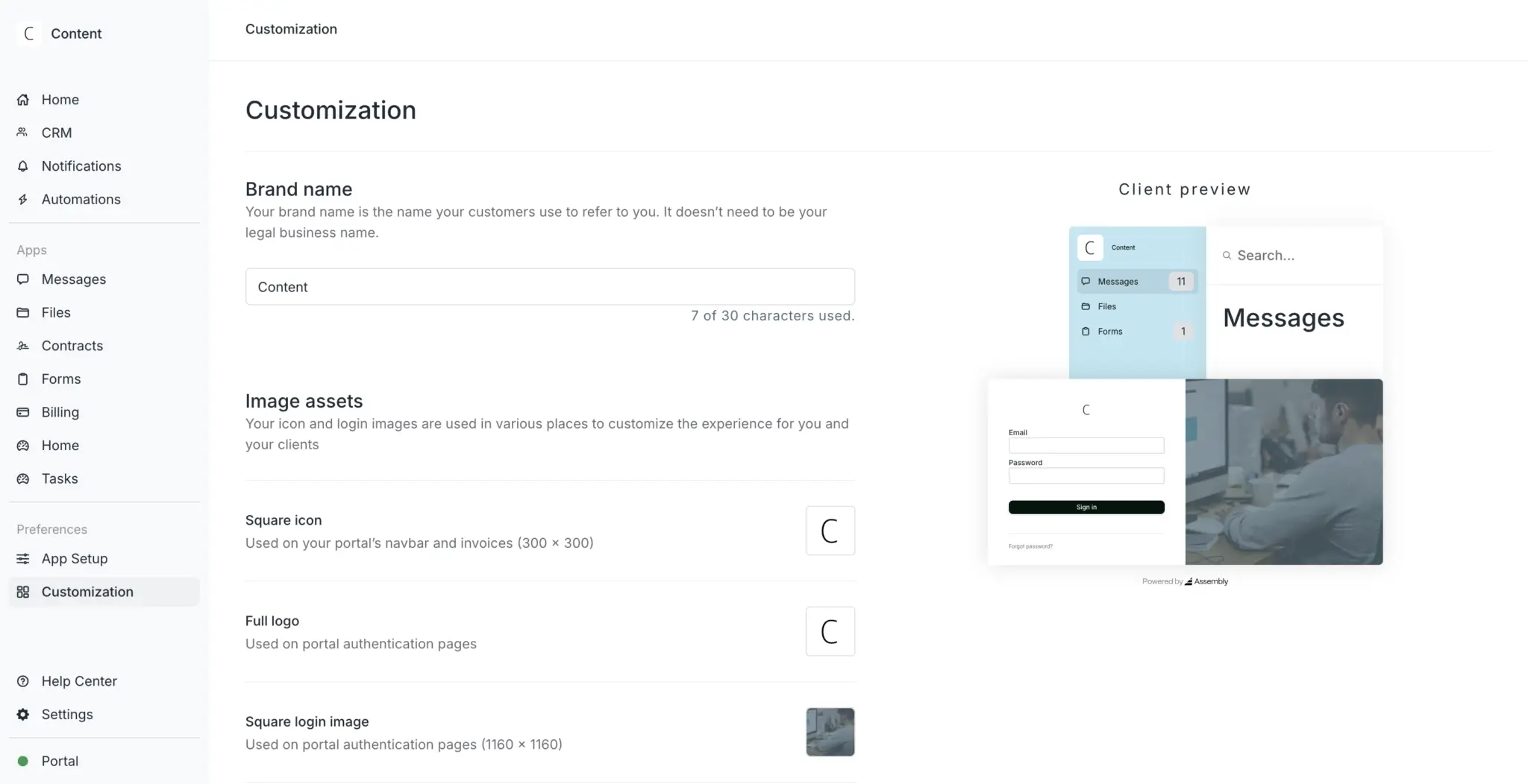 Example of a client portal's customization page by Assembly