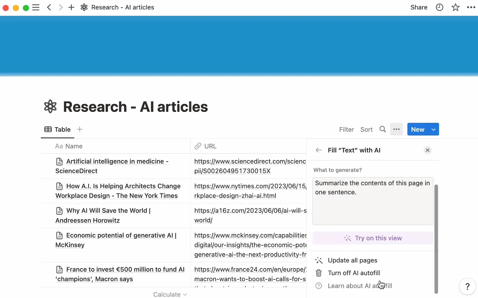Notion page that showcases AI articles as a knowledge base