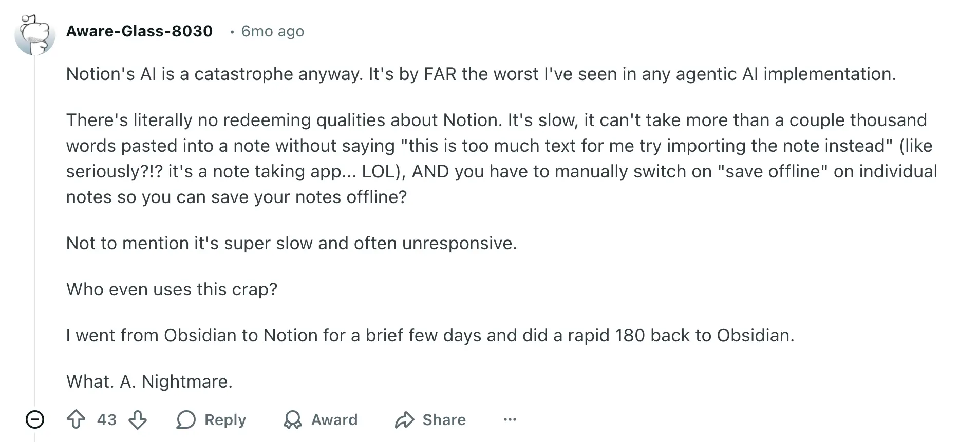 Reddit comment that showcases pitfalls of of Notion AI