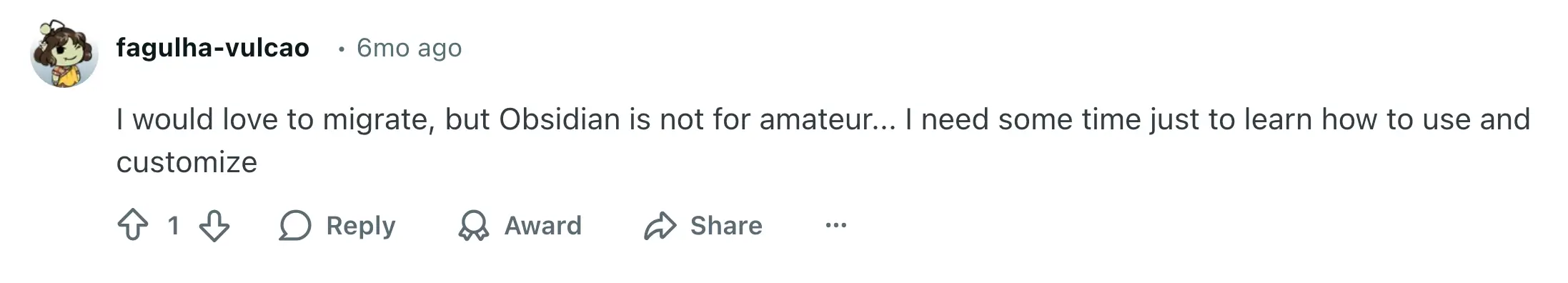 Reddit comment about Obsidian's onboarding difficulties