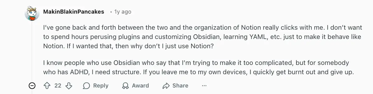 Reddit comment about Notion vs Obsidian