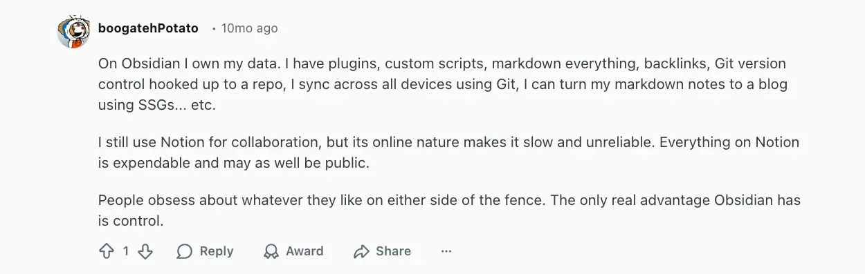Reddit comment on owning data with Obsidian
