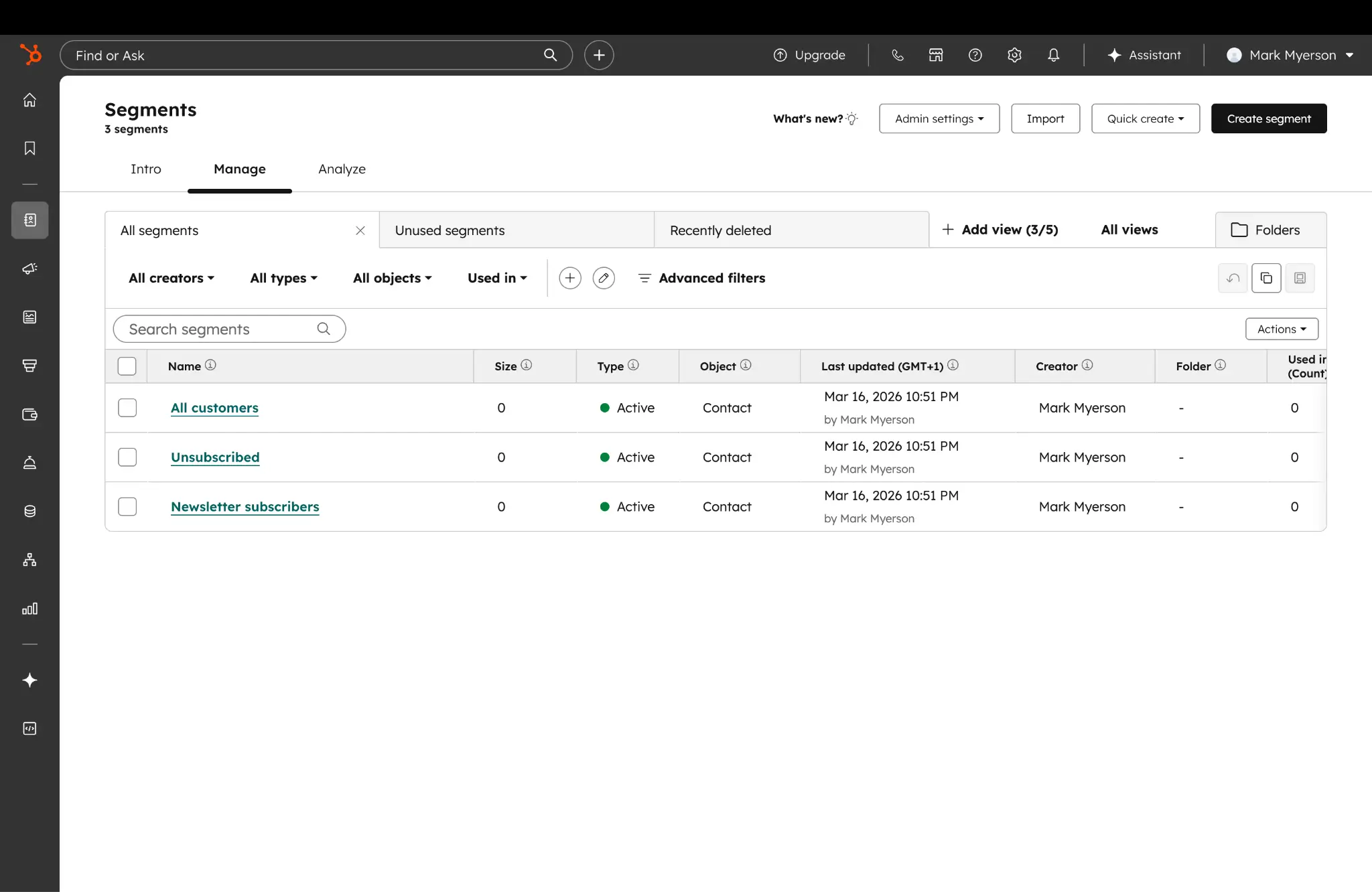 HubSpot dashboard showcasing customer segments