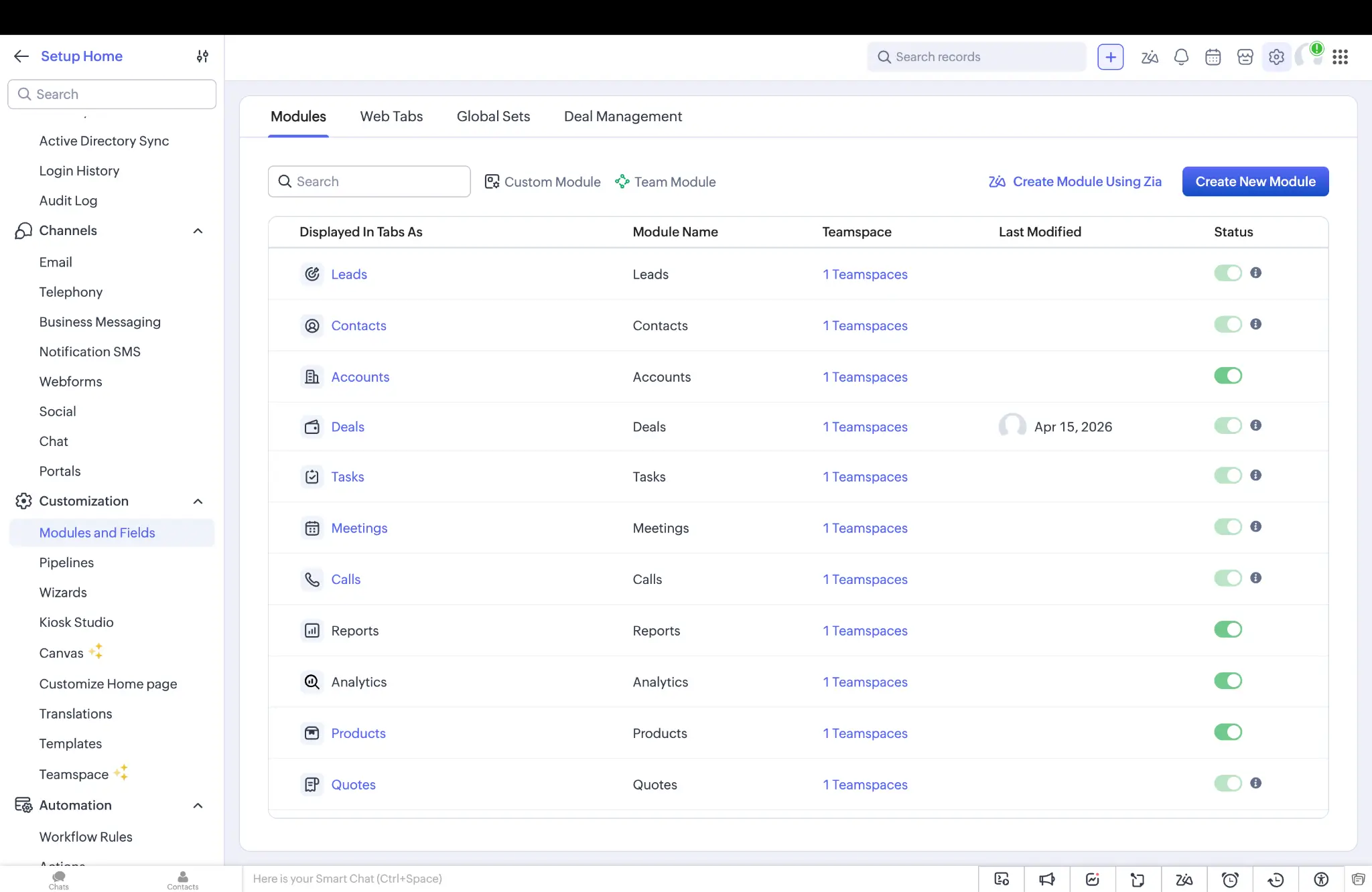 Zoho CRM displaying CRM modules in the app