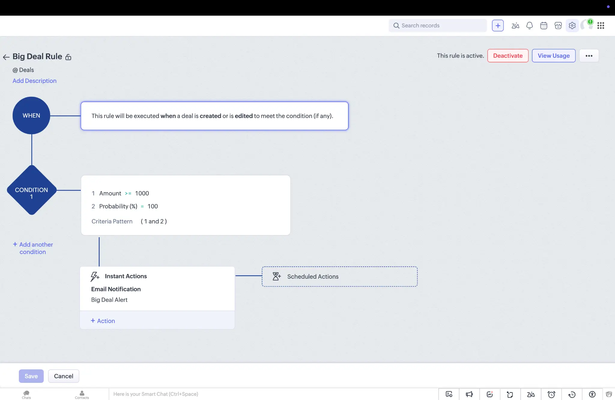 Zoho CRM displaying automated workflows