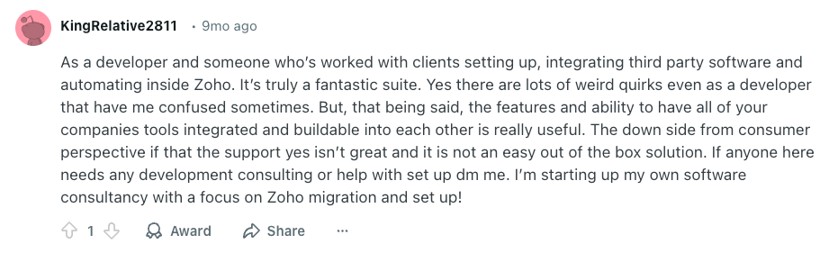 Reddit user discussing Zoho CRM support