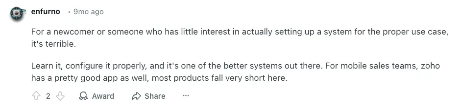 Reddit user discussing Zoho CRM pitfalls