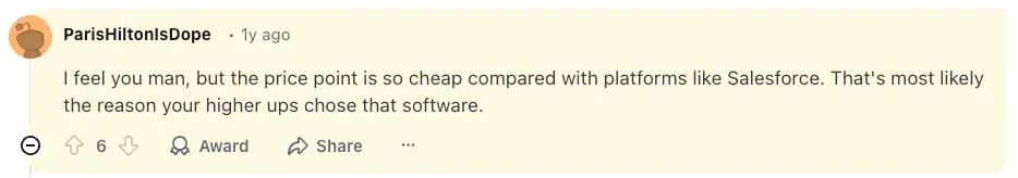 Reddit user discussing Zoho's cheap pricing