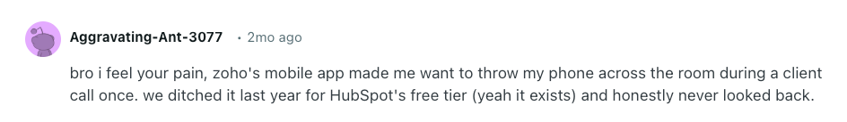 Reddit user discussing pitfalls of Zoho's mobile app