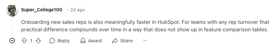 Reddit user discussing HubSpot's fast onboarding