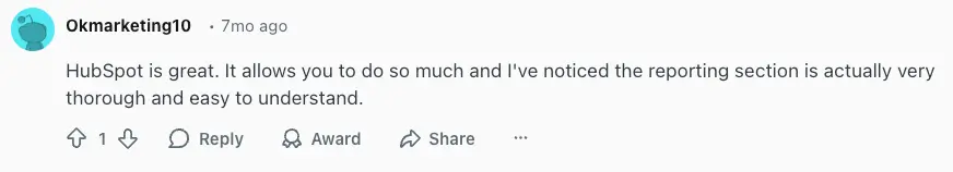 Reddit user discussing HubSpot's reporting