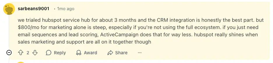Reddit user discussing HubSpot's steep pricing