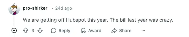 Reddit user discussing HubSpot's high pricing