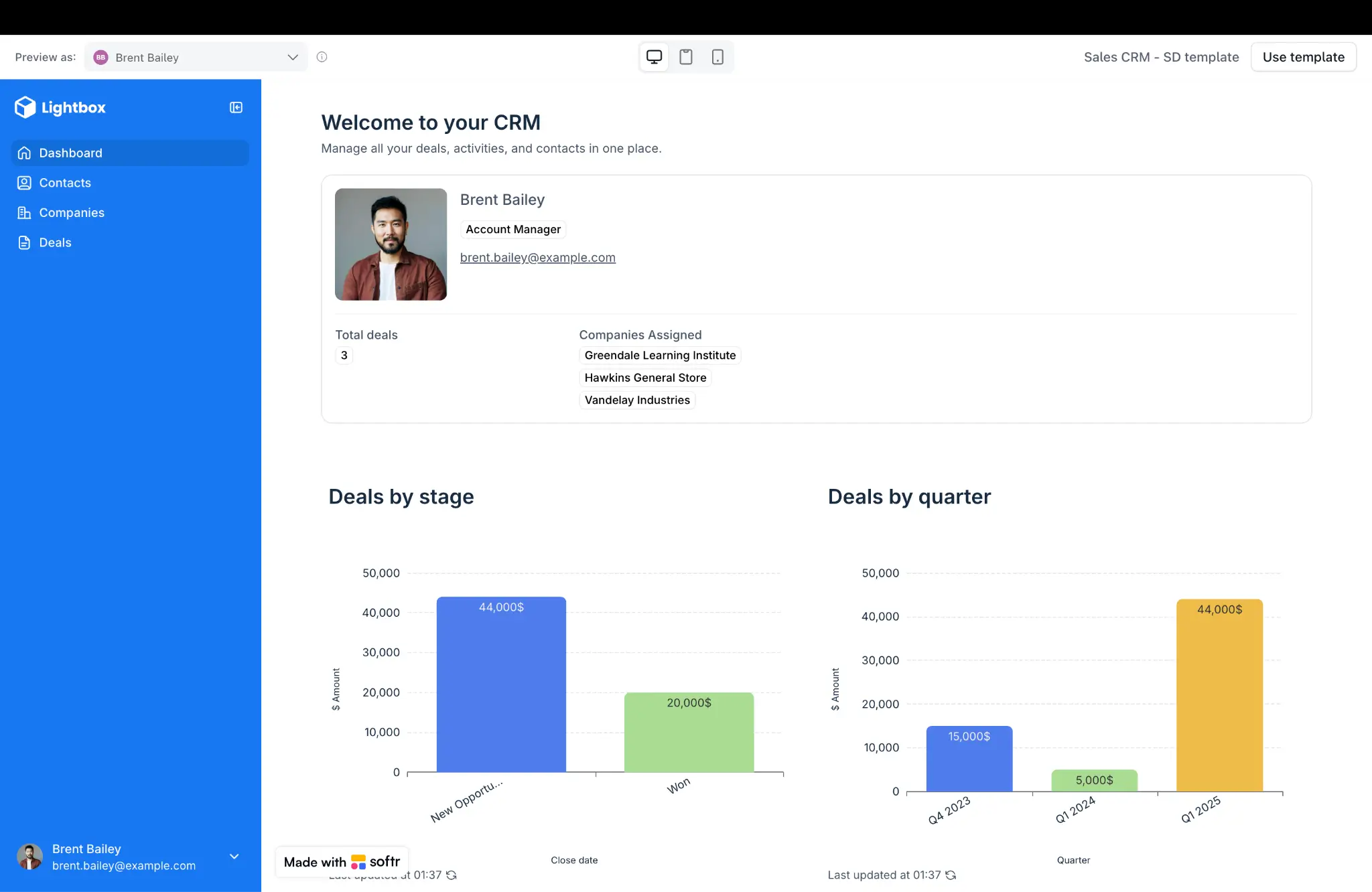 Softr displaying a full CRM app by deal stage
