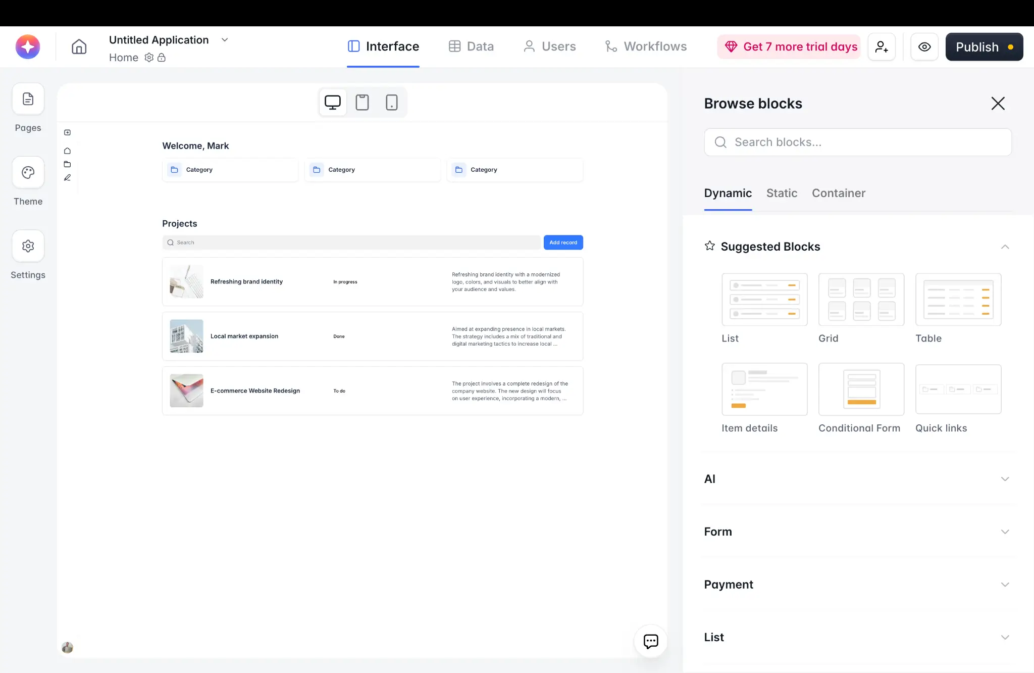 Softr showcasing the visual builder inside a CRM interface