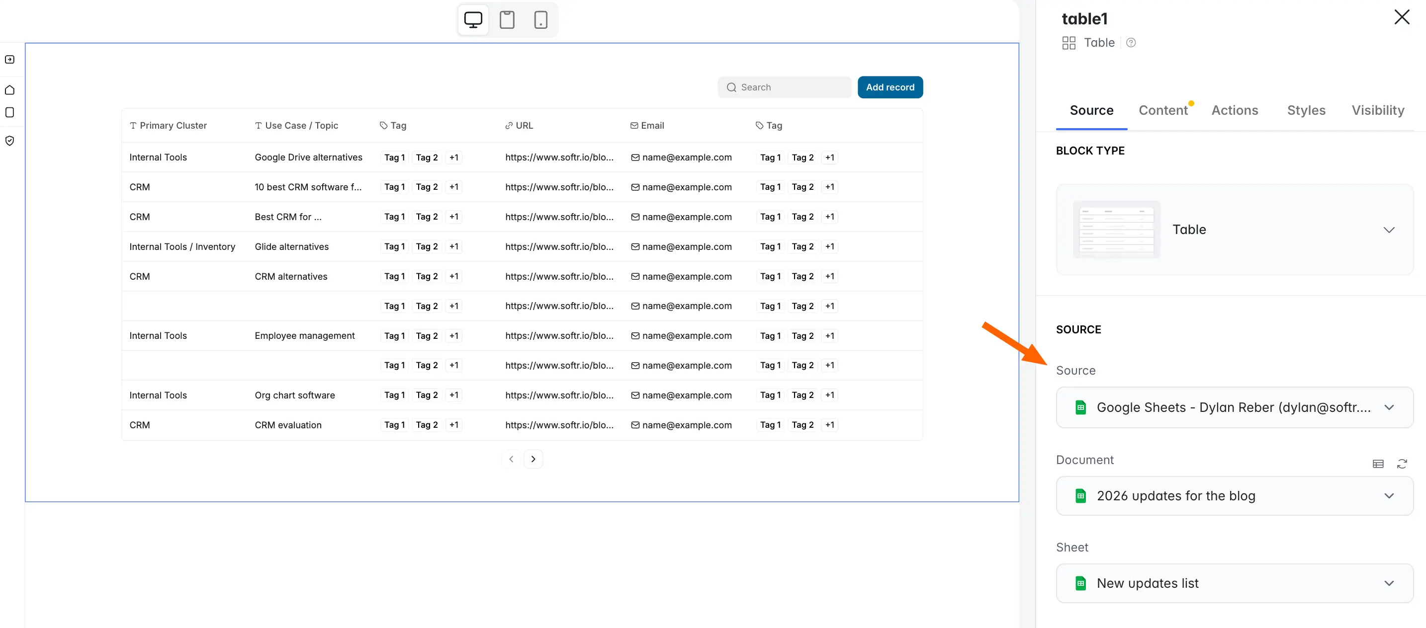 Google Sheet source selection