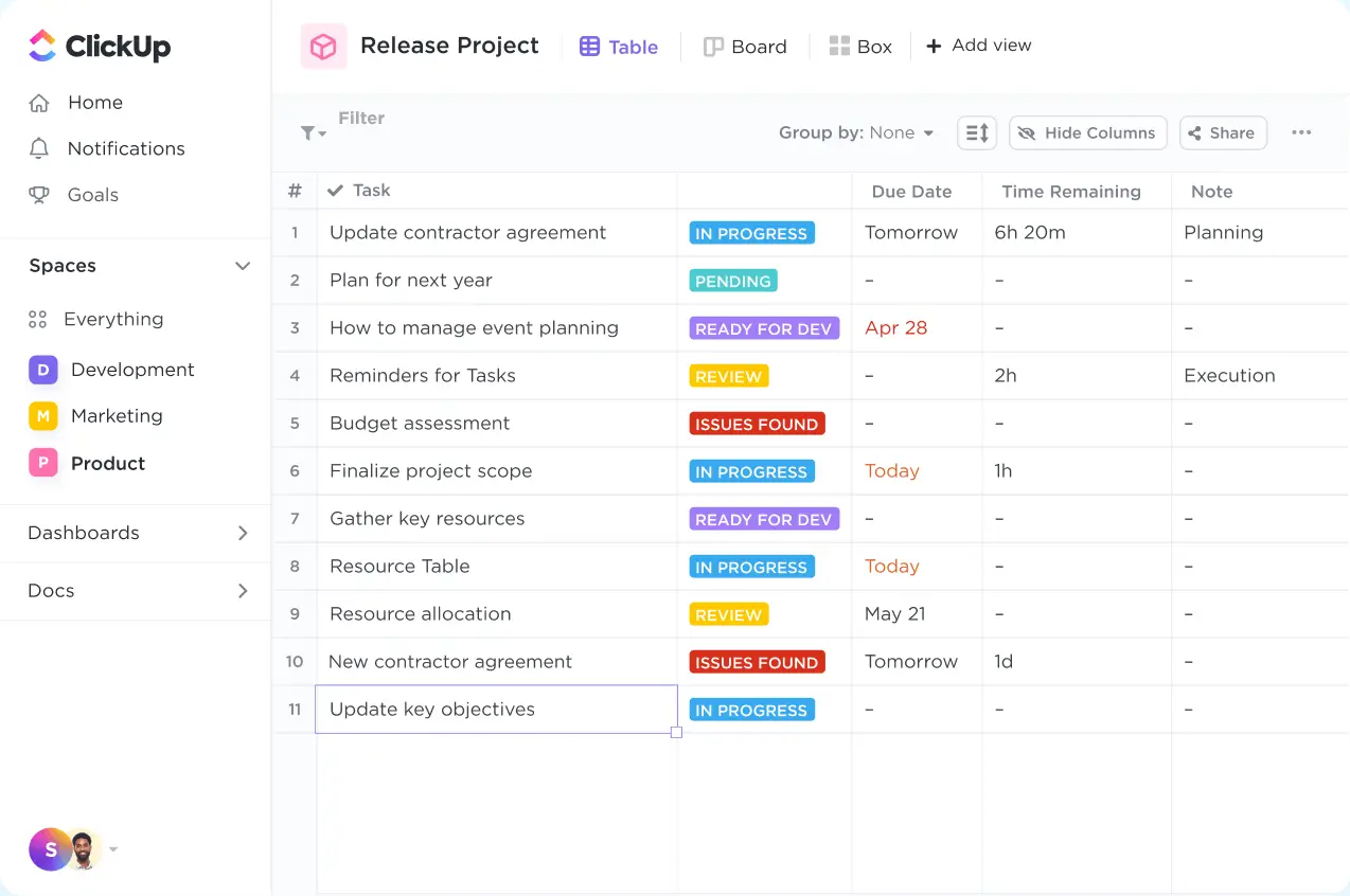 ClickUp project tracker with sample projects and tasks