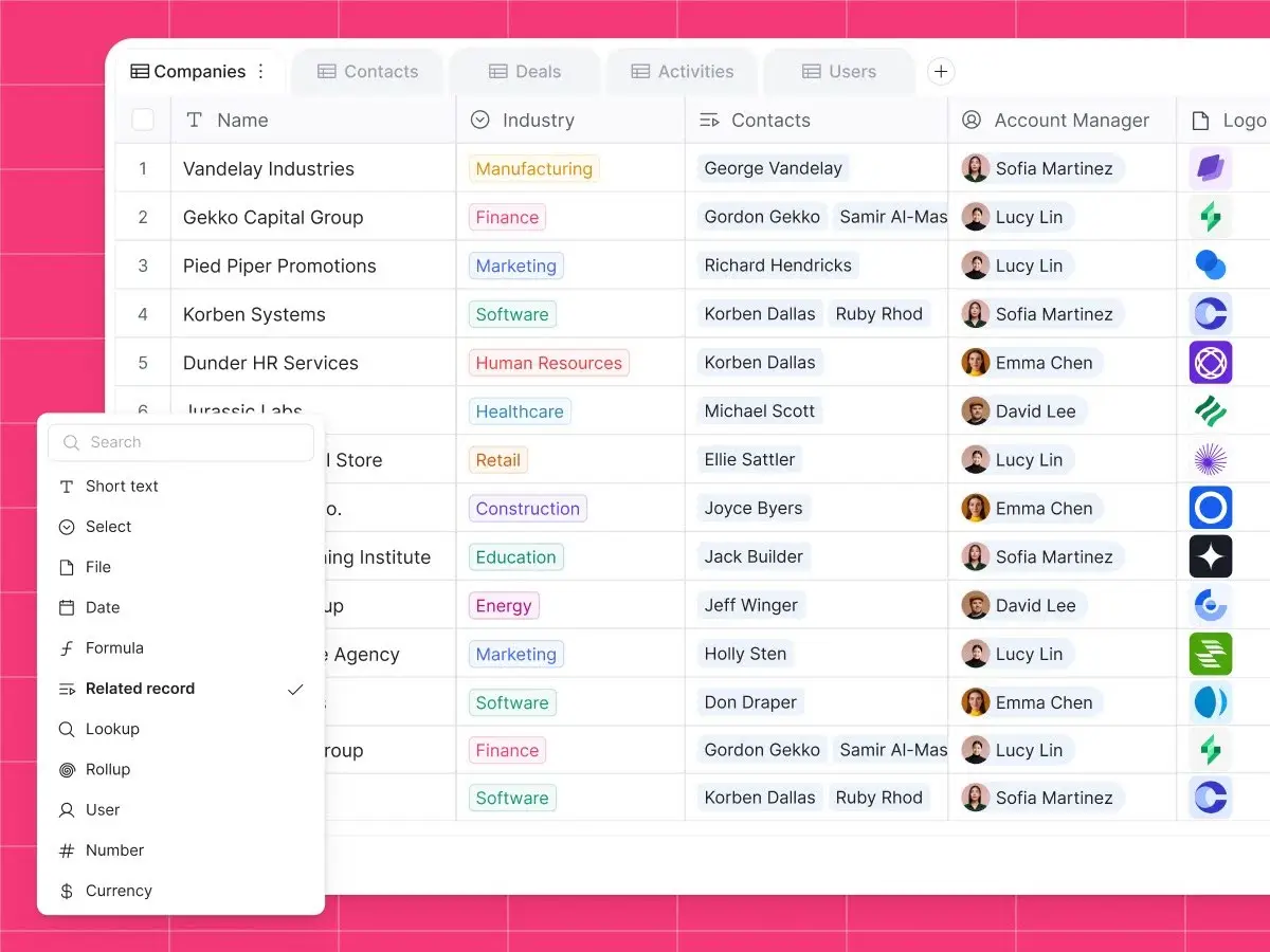 Softr database showcasing flexible fields and customer data