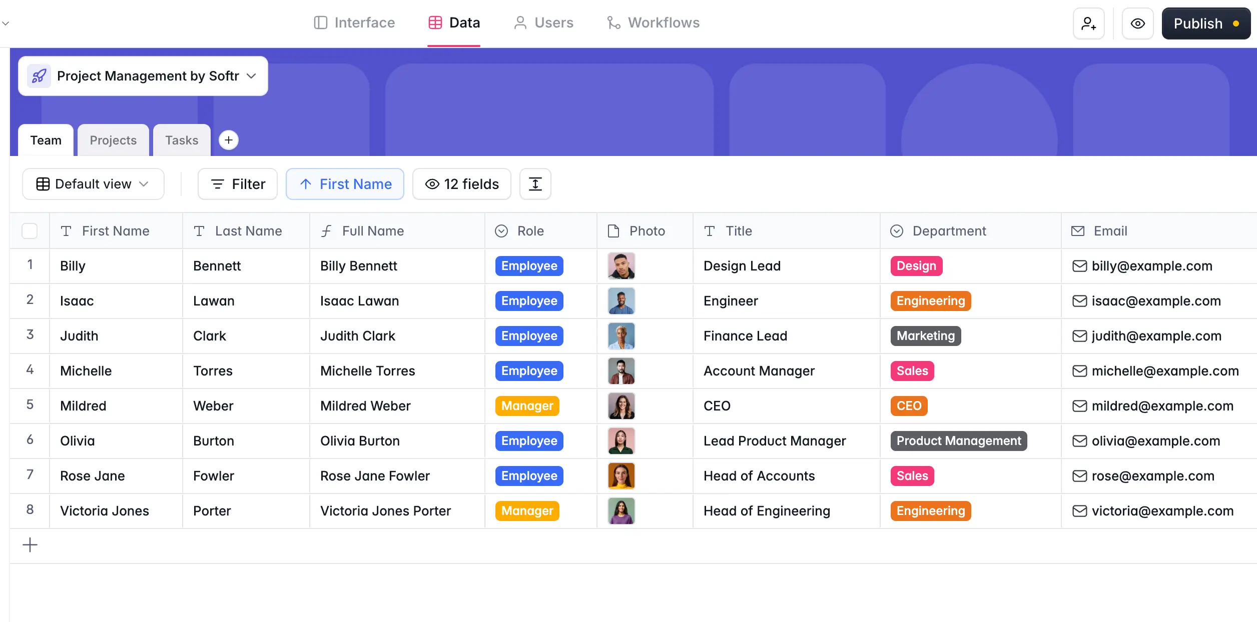 Softr databases displaying team members on a project
