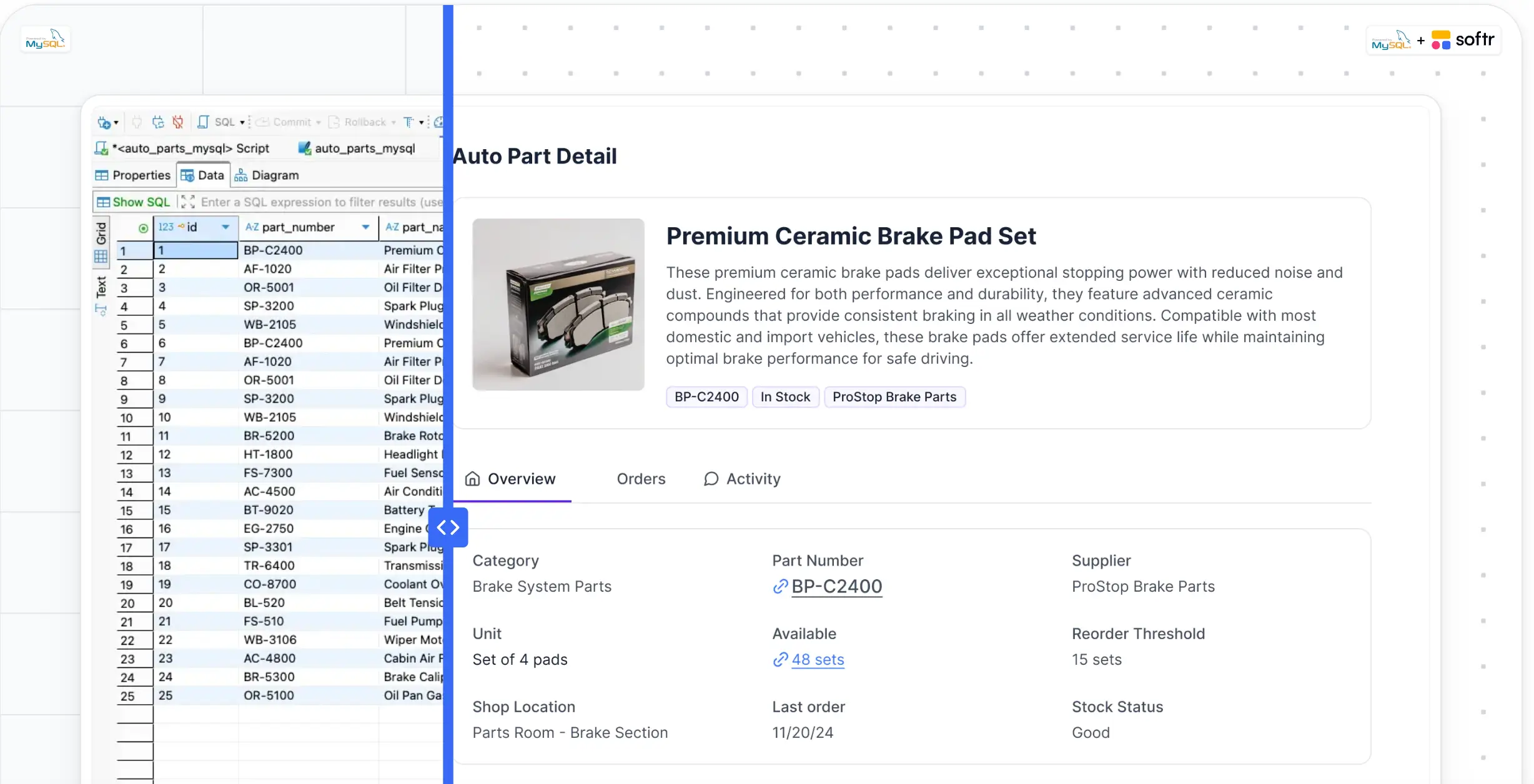 Screenshot of MySQL database compared to Softr's front-end interface