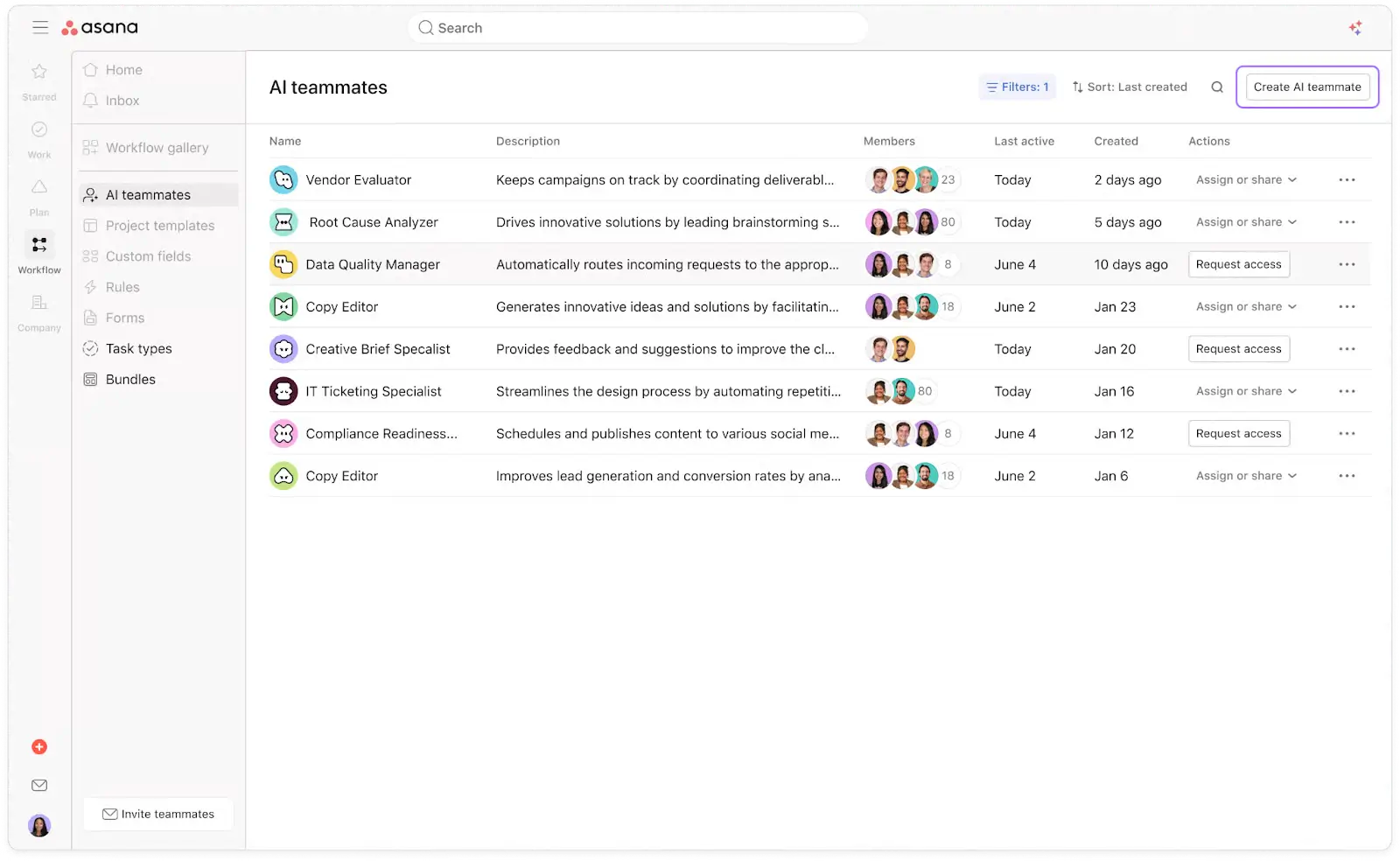 Asana's AI features listed out in Asana that teams can use