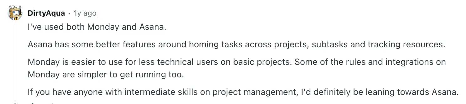 Reddit user comparing Monday and Asana features