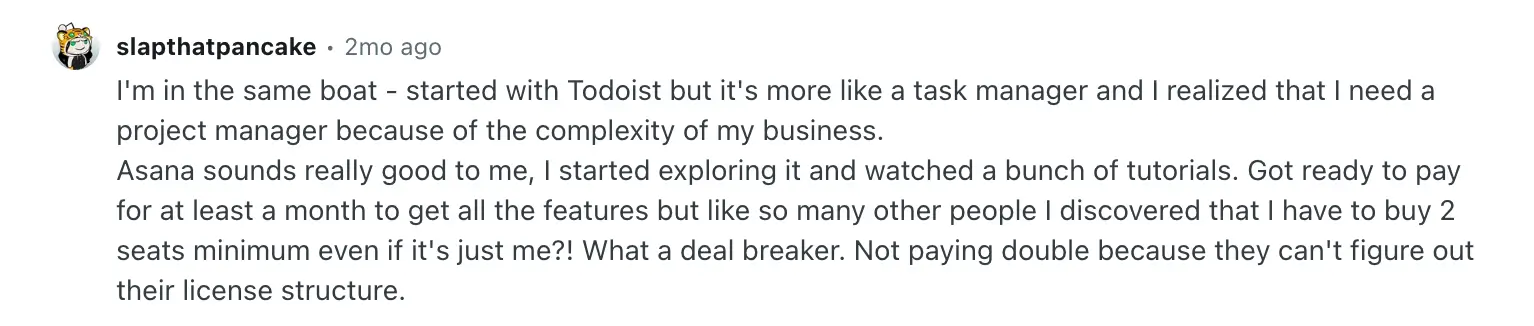 Reddit user complaining about Asana pricing for 2 seats minimum