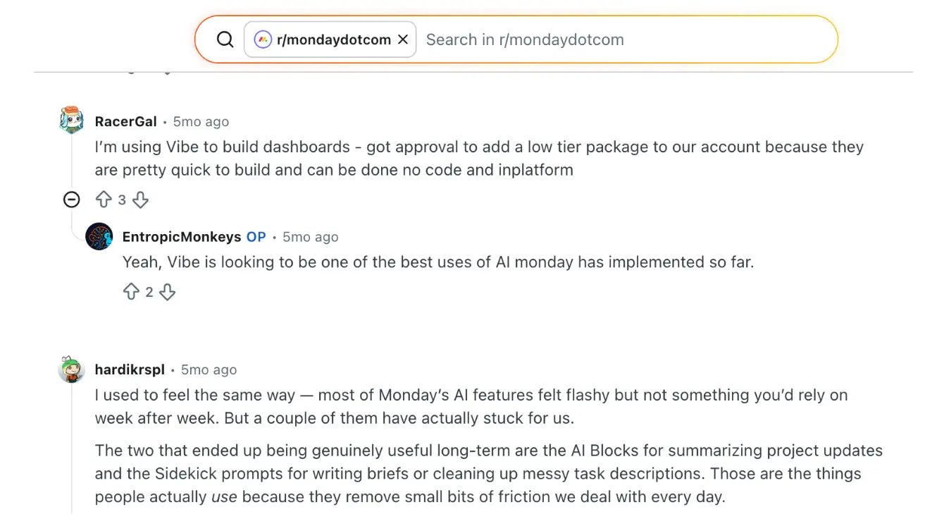 Reddit users converse about Monday's vibe AI tool and other AI features