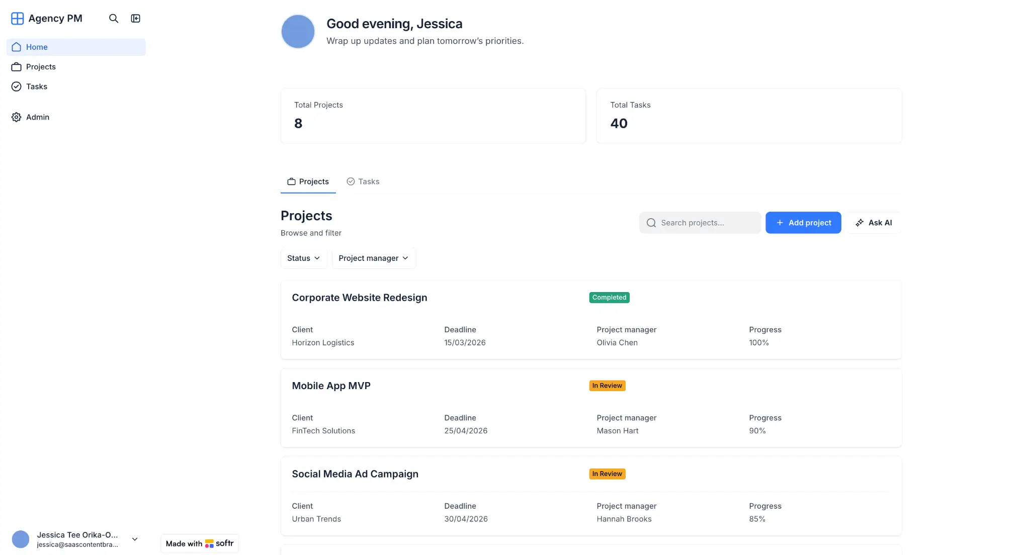 A custom project management  app interface built with Softr