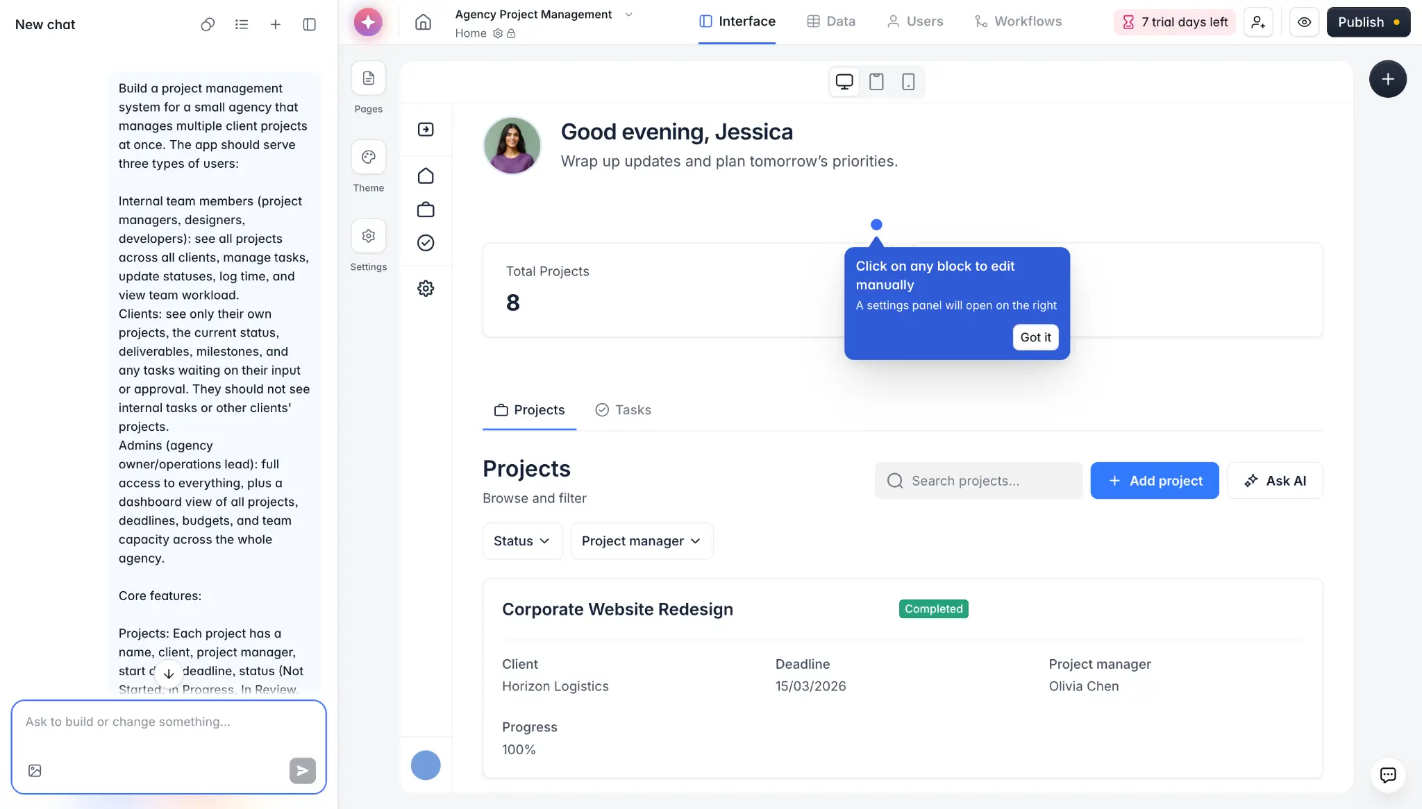 Softr's AI Co-Builder and visual building blocks on a custom project management app