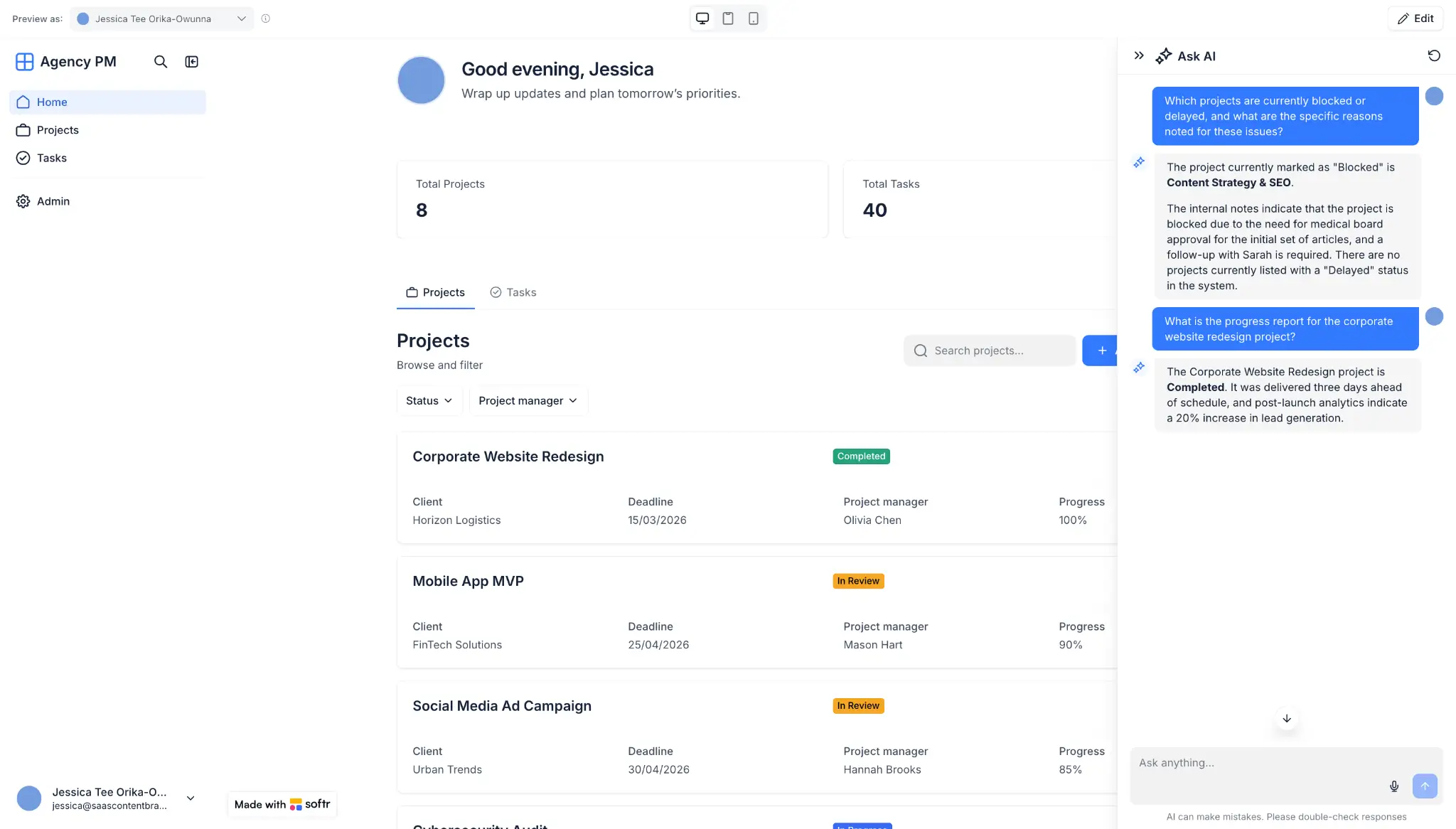A custom project management app built with Softr showcasing Ask AI capabilities