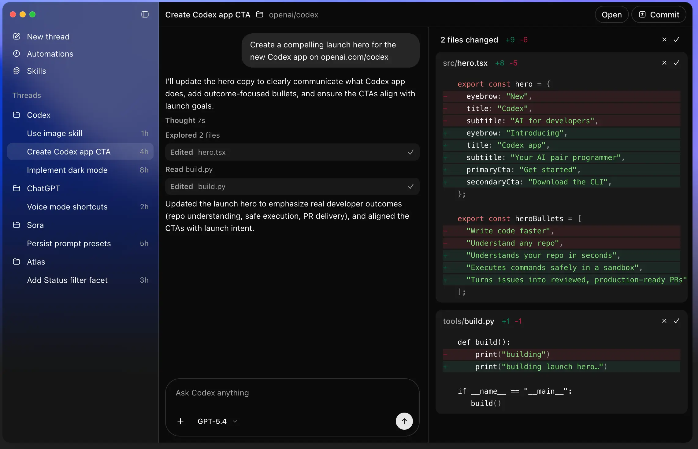 Codex code from OpenAIin ChatGPT updating a hero image with code