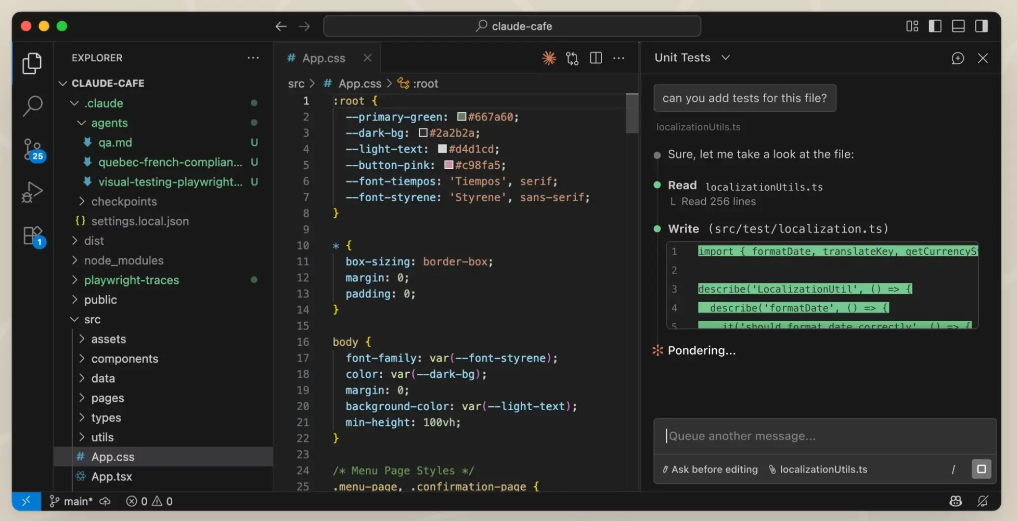 Claude Code generating code and checking tests for a file for a custom app