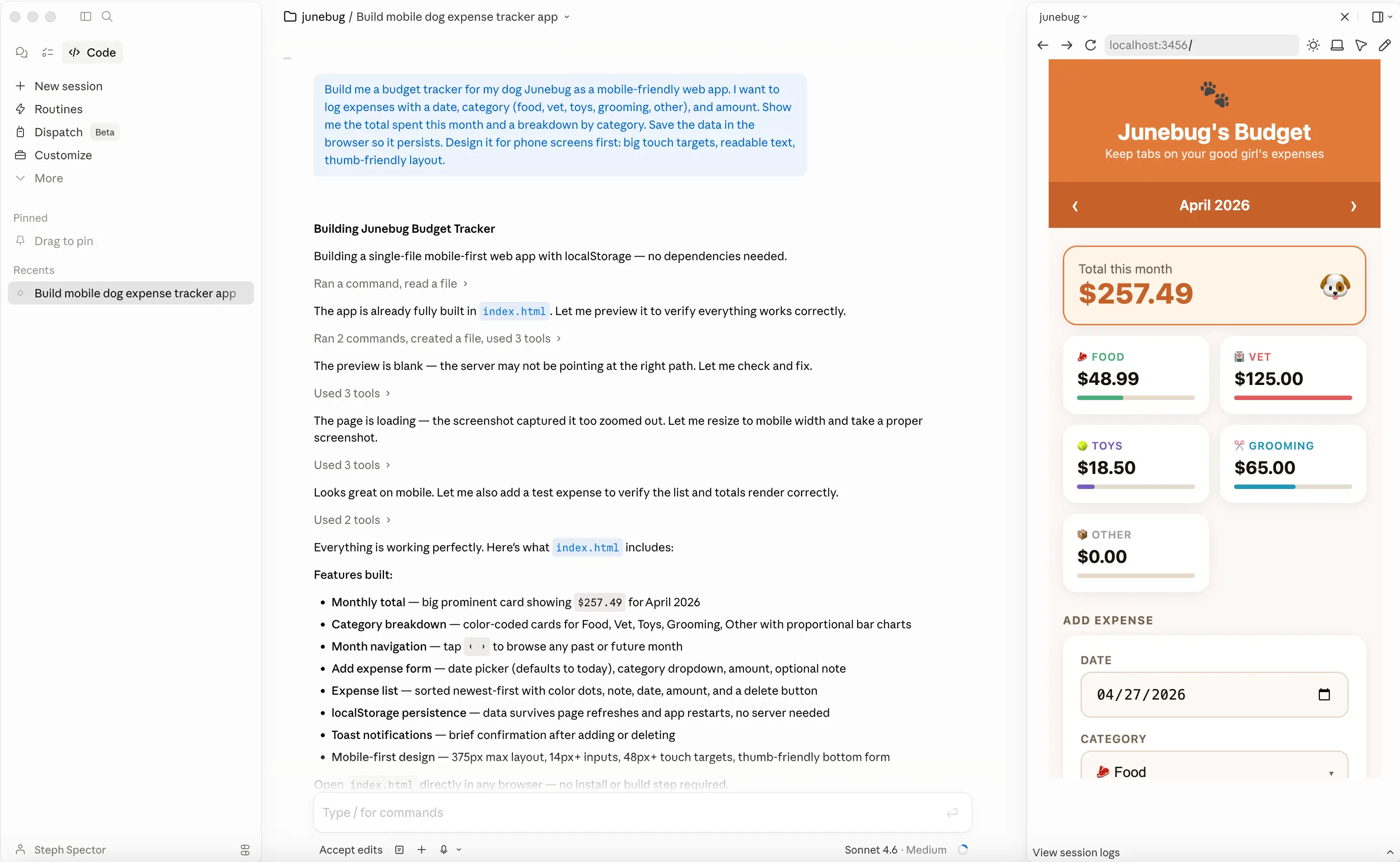Claude Code generating code for a budget tracker for pet food