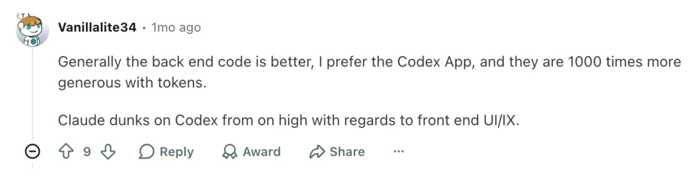 Reddit user discussing preference toward Codex over Claude in terms of tokens