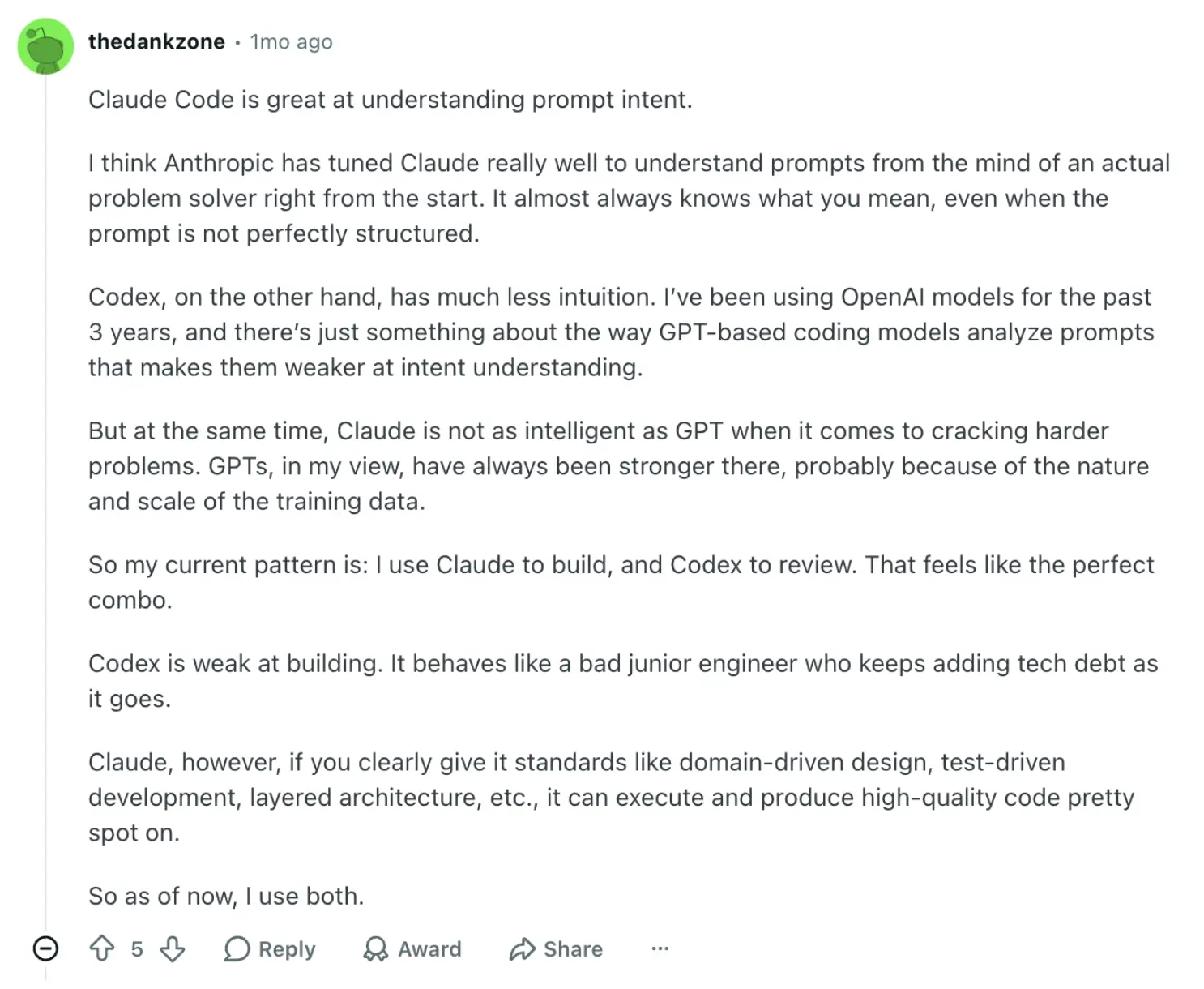Reddit user discuss using Claude Code and Codex together so it's more powerful