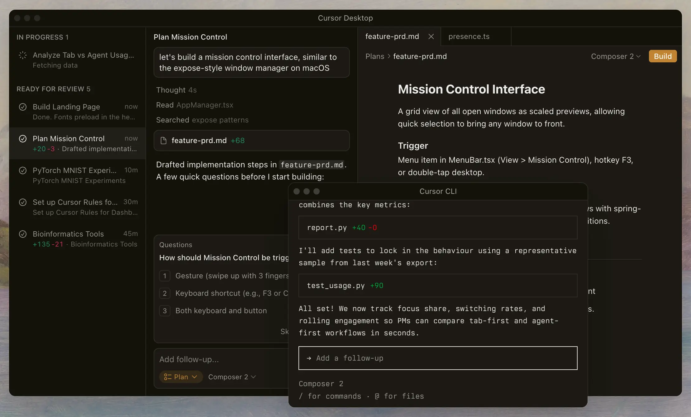 Cursor building a mission control interface in the terminal