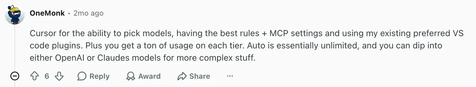 Reddit user discussing Cursor perks