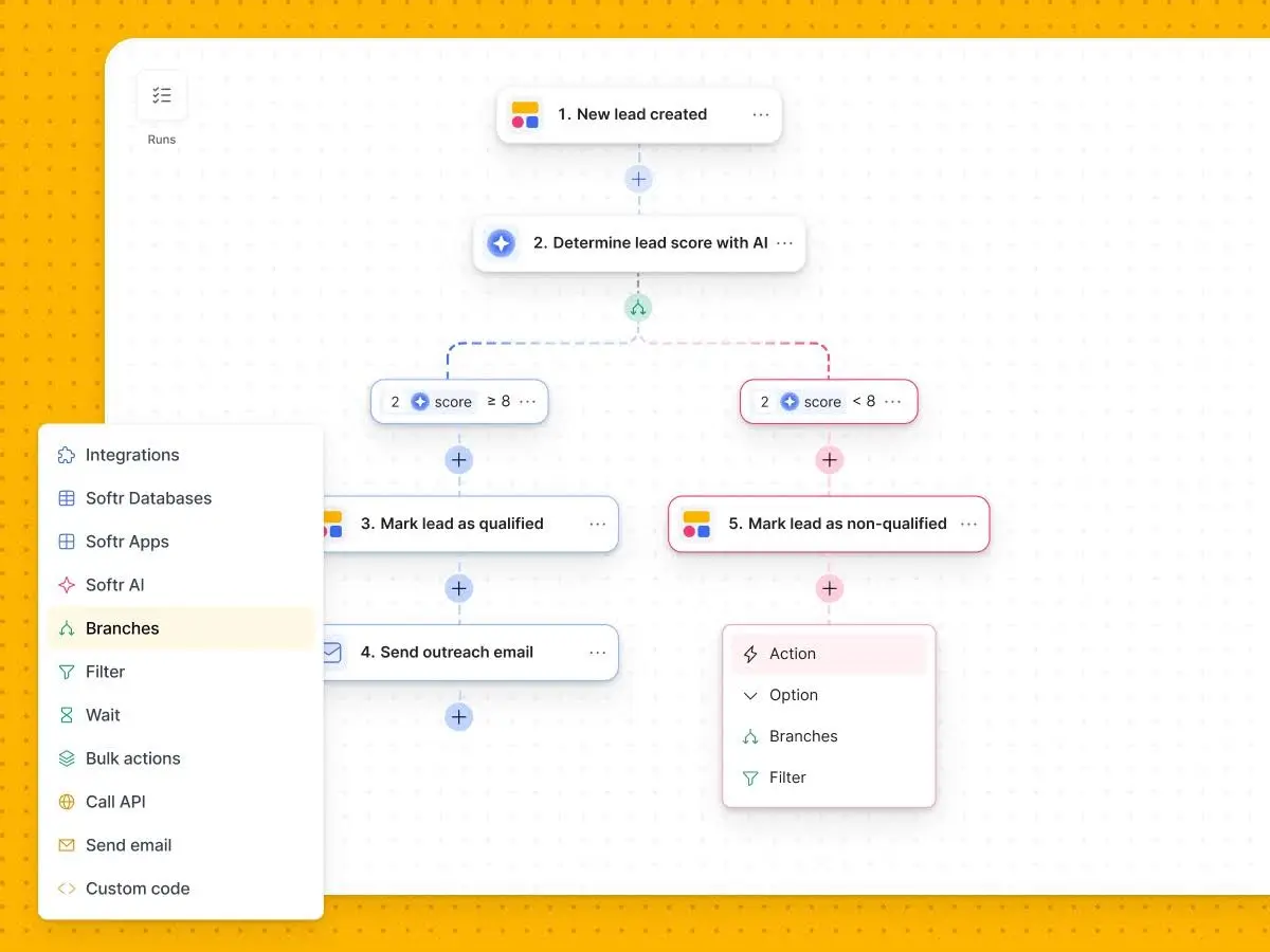 Softr Workflows portraying an automation to score leads from a CRM