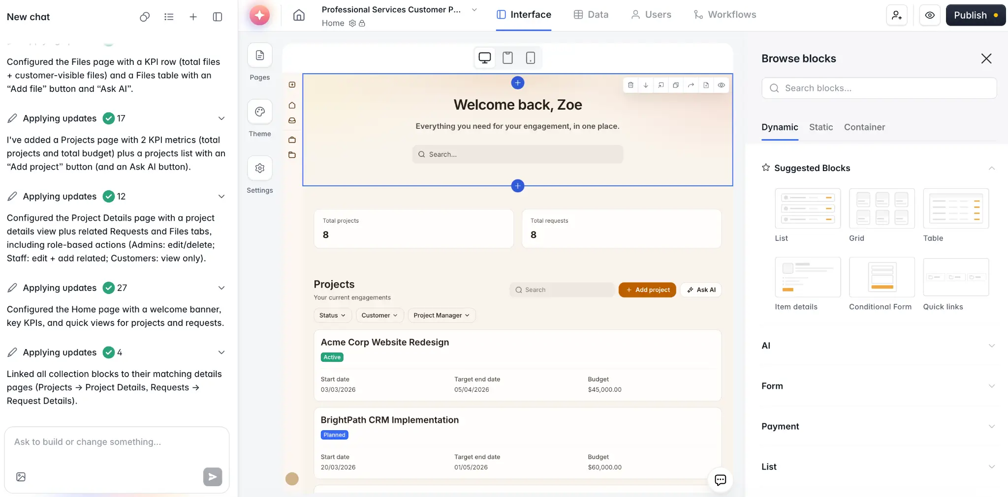 Softr user dabbling between Softr's AI and visual building blocks to build a custom app