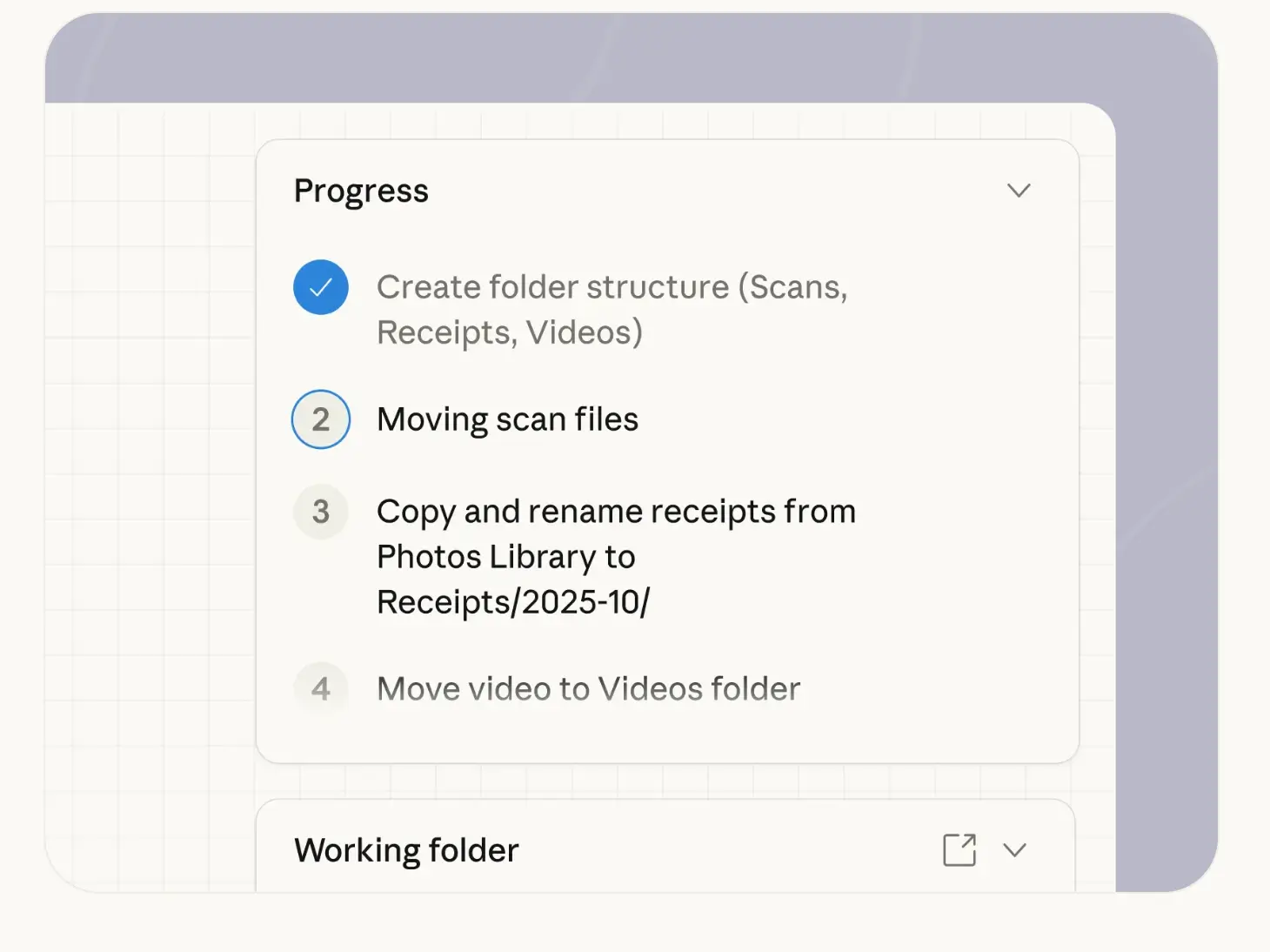 Claude Cowork creating folder structure and scanning files