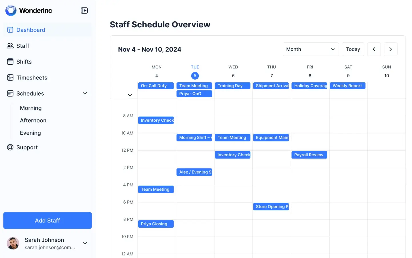 Softr's staff scheduler overview with sleek calendar layout