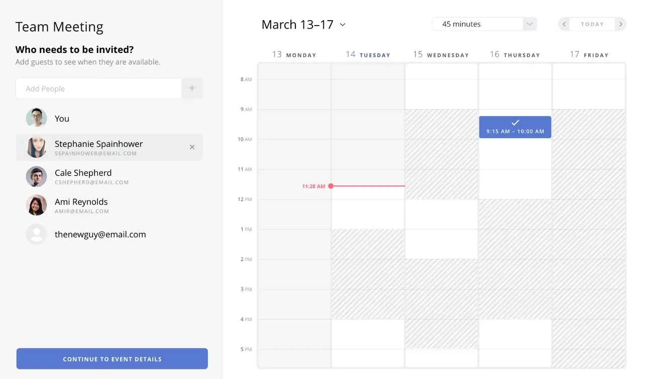 Calendar.com weekly overview with event details card