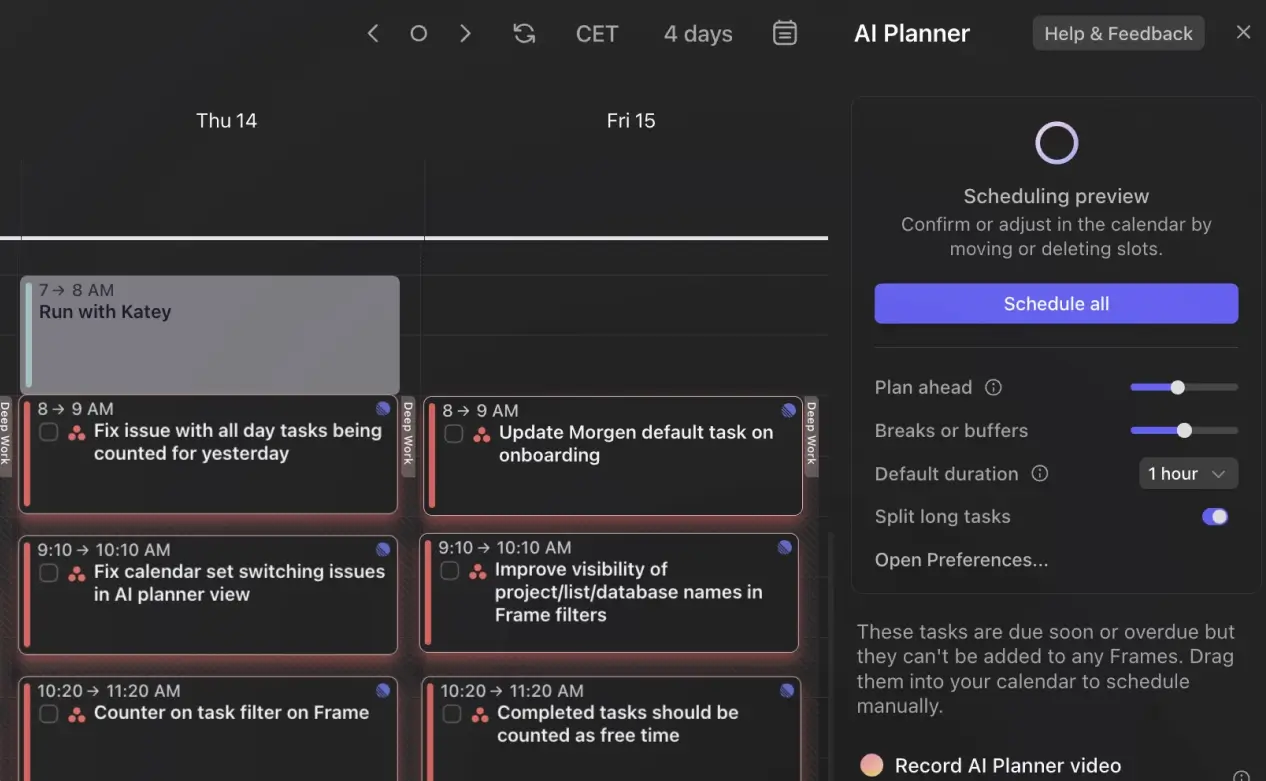 Morgen calendar overview with scheduling preview