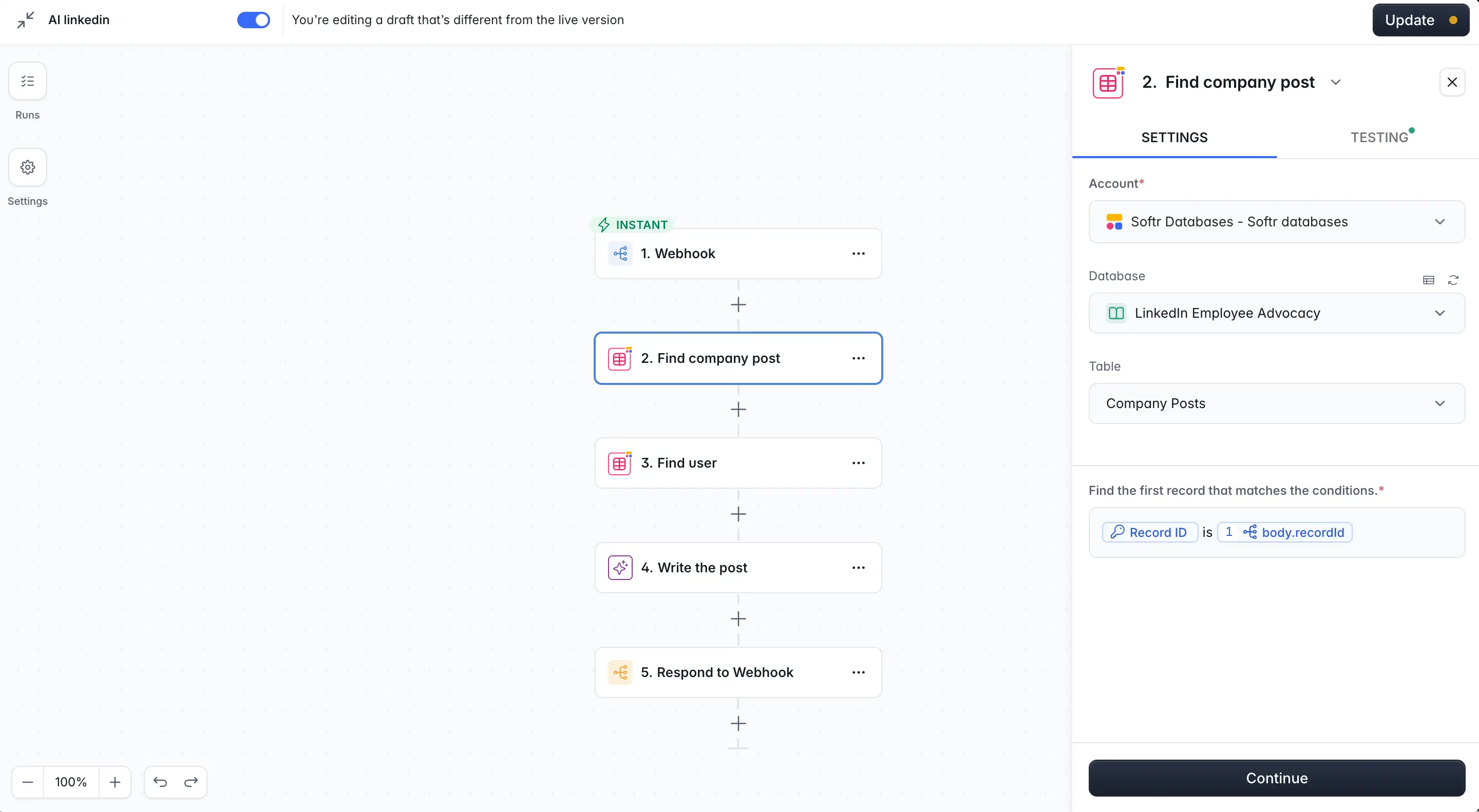 Find record step in Softr Workflows