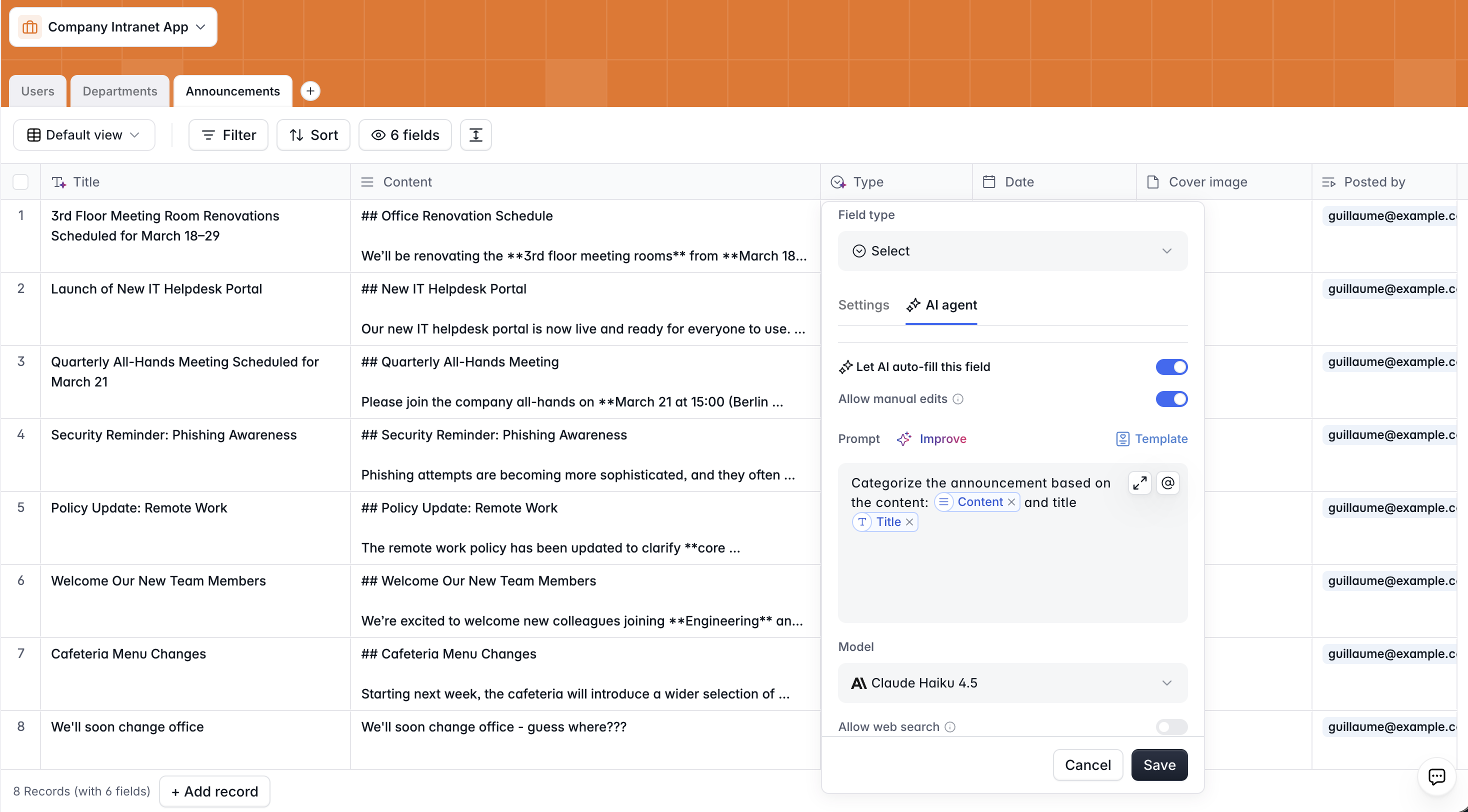 Softr AI agent in database set to categorize fields